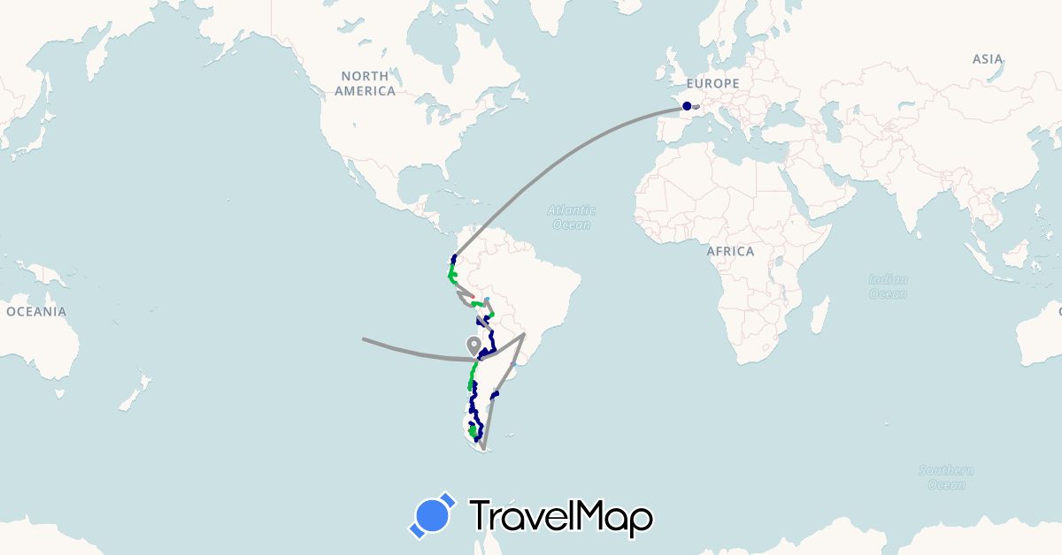 TravelMap itinerary: driving, bus, plane, train, hiking, boat in Argentina, Bolivia, Chile, Ecuador, France, Peru, Uruguay (Europe, South America)